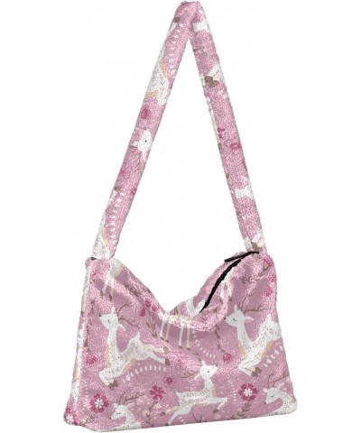 Plush Underarm Bag, (Pink Deer Flowers) Fluffy Shoulder Bag Women Ladies Tote Bag, Cute Furry Purse, Small Handbag Bag for Au...