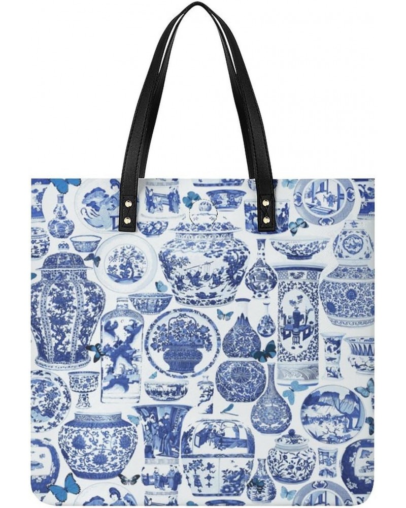 Chinoiserie Blue And White Women Tote Bags Top Handle Satchel Handbags PU Faux Leather Tassel Shoulder Purse $15.83 Totes