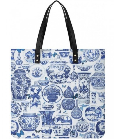 Chinoiserie Blue And White Women Tote Bags Top Handle Satchel Handbags PU Faux Leather Tassel Shoulder Purse $15.83 Totes