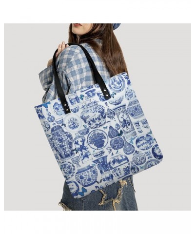 Chinoiserie Blue And White Women Tote Bags Top Handle Satchel Handbags PU Faux Leather Tassel Shoulder Purse $15.83 Totes