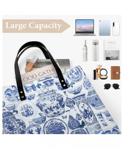 Chinoiserie Blue And White Women Tote Bags Top Handle Satchel Handbags PU Faux Leather Tassel Shoulder Purse $15.83 Totes