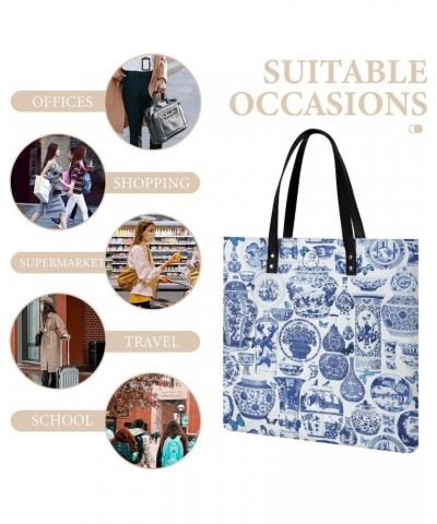 Chinoiserie Blue And White Women Tote Bags Top Handle Satchel Handbags PU Faux Leather Tassel Shoulder Purse $15.83 Totes