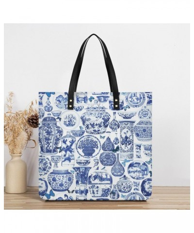 Chinoiserie Blue And White Women Tote Bags Top Handle Satchel Handbags PU Faux Leather Tassel Shoulder Purse $15.83 Totes