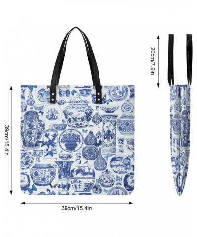 Chinoiserie Blue And White Women Tote Bags Top Handle Satchel Handbags PU Faux Leather Tassel Shoulder Purse $15.83 Totes