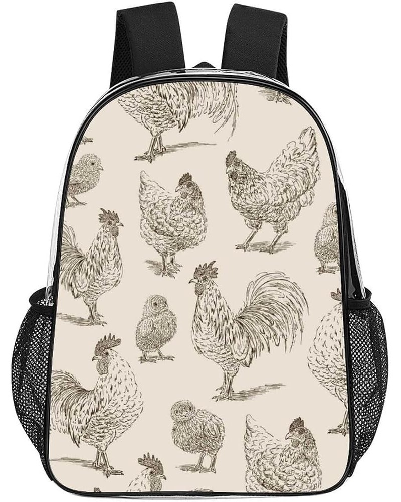 Clear Backpack Heavy Duty PVC Transparent Backpack Compatible with Rooster Cock Chicken Bird Floral for Sports, Work, Securit...