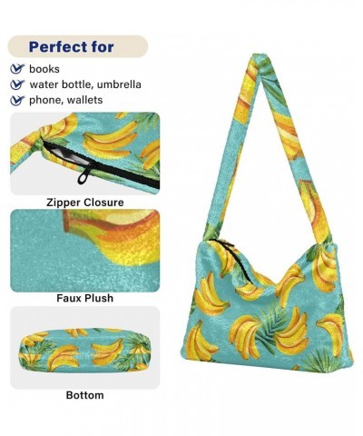 Summer Banana Palm Leaves Fluffy Crossbody Bag Furry Tote Bags for Women Fuzzy Purse Handbag Lady Shoulder Bag Large Plush Ba...