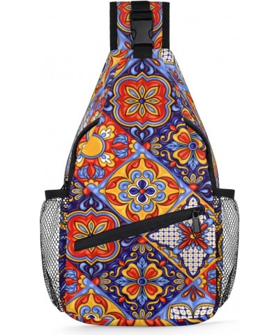 Ethnic Mexican Ceramic Tile Print Sling Crossbody Bag for Women Men, Sling Backpack Travel Hiking Casual Daypack Chest Bag Pu...