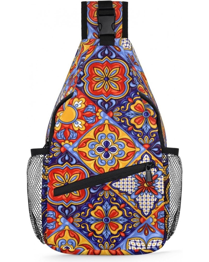 Ethnic Mexican Ceramic Tile Print Sling Crossbody Bag for Women Men, Sling Backpack Travel Hiking Casual Daypack Chest Bag Pu...