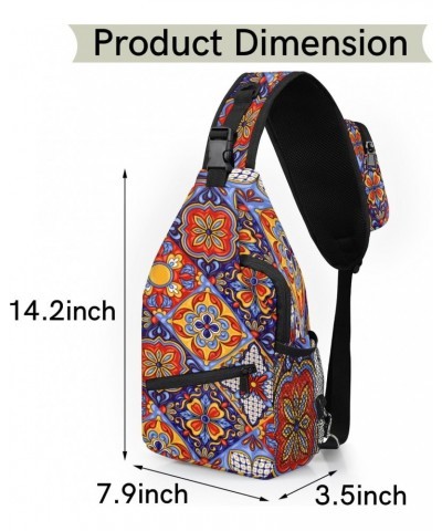 Ethnic Mexican Ceramic Tile Print Sling Crossbody Bag for Women Men, Sling Backpack Travel Hiking Casual Daypack Chest Bag Pu...