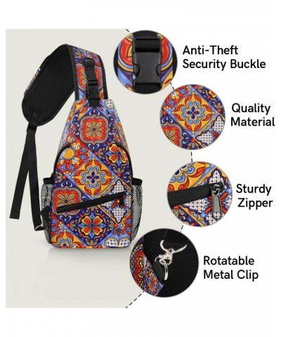 Ethnic Mexican Ceramic Tile Print Sling Crossbody Bag for Women Men, Sling Backpack Travel Hiking Casual Daypack Chest Bag Pu...