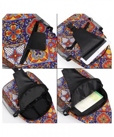 Ethnic Mexican Ceramic Tile Print Sling Crossbody Bag for Women Men, Sling Backpack Travel Hiking Casual Daypack Chest Bag Pu...