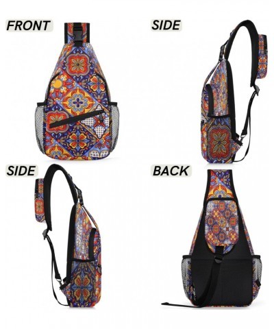 Ethnic Mexican Ceramic Tile Print Sling Crossbody Bag for Women Men, Sling Backpack Travel Hiking Casual Daypack Chest Bag Pu...