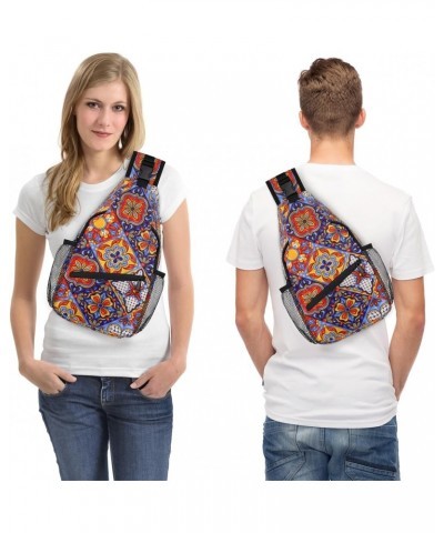 Ethnic Mexican Ceramic Tile Print Sling Crossbody Bag for Women Men, Sling Backpack Travel Hiking Casual Daypack Chest Bag Pu...