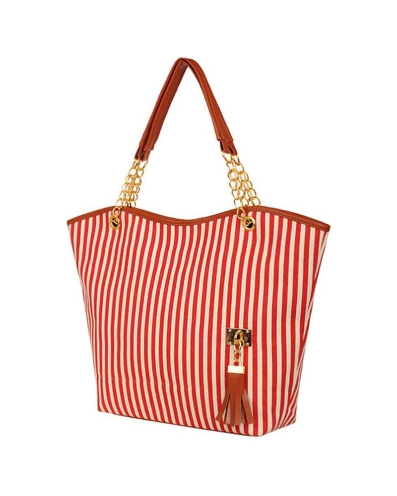 Womens Canvas Handbag Tassel Stripes Purse Tote Fashion Shoulder Bag Large Capacity Red and White Striped $10.48 Totes