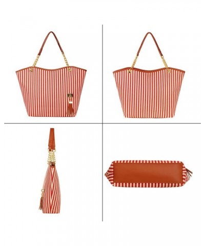 Womens Canvas Handbag Tassel Stripes Purse Tote Fashion Shoulder Bag Large Capacity Red and White Striped $10.48 Totes