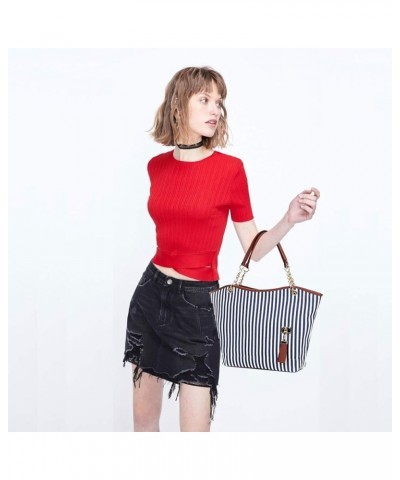 Womens Canvas Handbag Tassel Stripes Purse Tote Fashion Shoulder Bag Large Capacity Red and White Striped $10.48 Totes