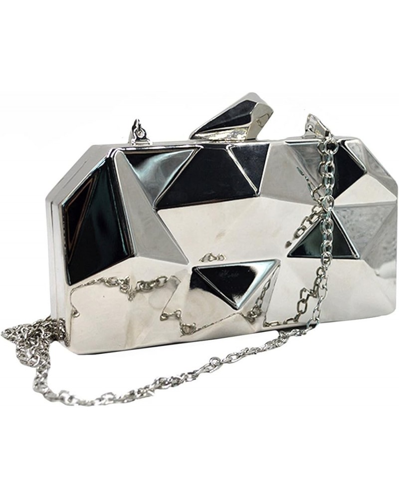 Women Lattice Pattern Metal Handbag Chain Geometric Evening Clutch Purse Silver $17.10 Evening Bags