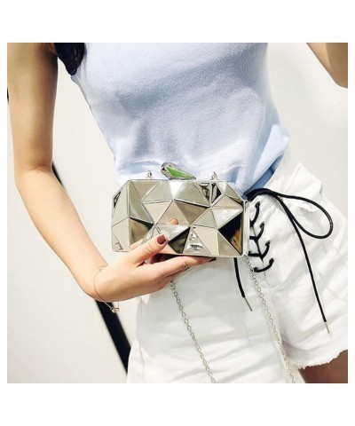 Women Lattice Pattern Metal Handbag Chain Geometric Evening Clutch Purse Silver $17.10 Evening Bags