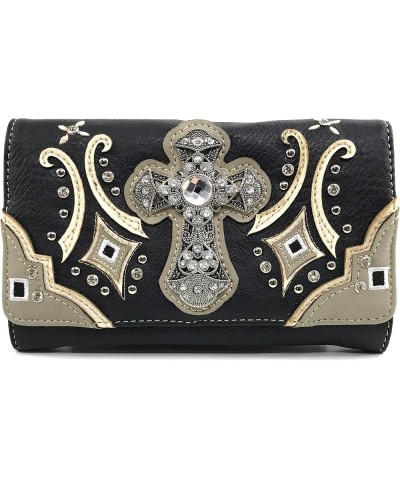 Western Floral Embroidery Studs Bling Rhinestone Cross Shoulder Concealed Carry Handbag Purse Black Wallet $17.44 Shoulder Bags