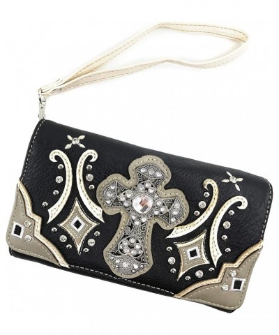 Western Floral Embroidery Studs Bling Rhinestone Cross Shoulder Concealed Carry Handbag Purse Black Wallet $17.44 Shoulder Bags