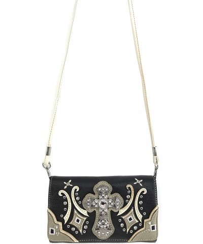 Western Floral Embroidery Studs Bling Rhinestone Cross Shoulder Concealed Carry Handbag Purse Black Wallet $17.44 Shoulder Bags