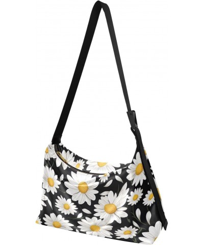 Black Daisy Flowers Hobo Shoulder Bag for Women Men PU Leather Crossbody Bag Slouchy Tote Handbags for Shopping Traveling Wor...