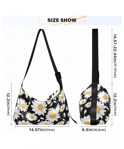 Black Daisy Flowers Hobo Shoulder Bag for Women Men PU Leather Crossbody Bag Slouchy Tote Handbags for Shopping Traveling Wor...