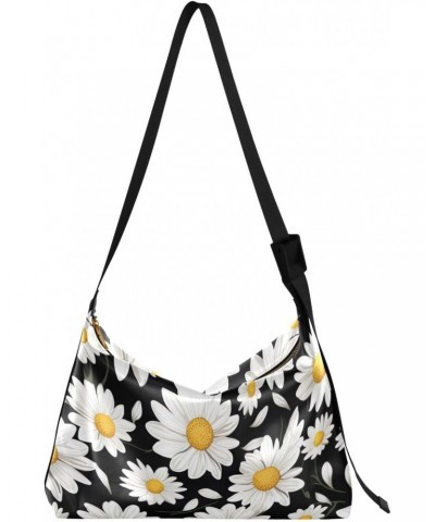 Black Daisy Flowers Hobo Shoulder Bag for Women Men PU Leather Crossbody Bag Slouchy Tote Handbags for Shopping Traveling Wor...