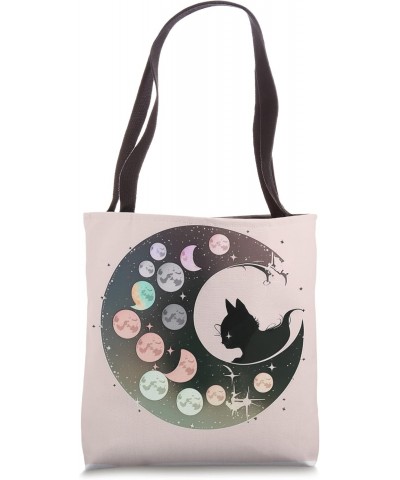 Witchy Cute Black Cat Kawaii Crystal Pastel Goth Moon Phases Tote Bag $10.99 Totes