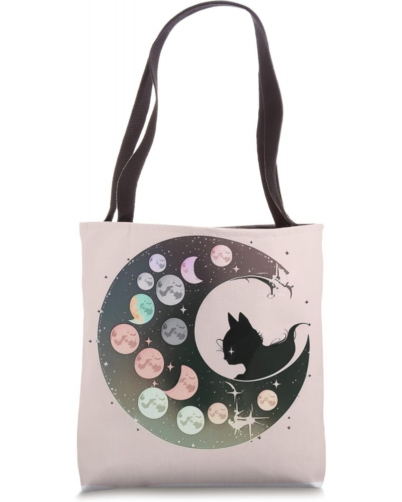 Witchy Cute Black Cat Kawaii Crystal Pastel Goth Moon Phases Tote Bag $10.99 Totes