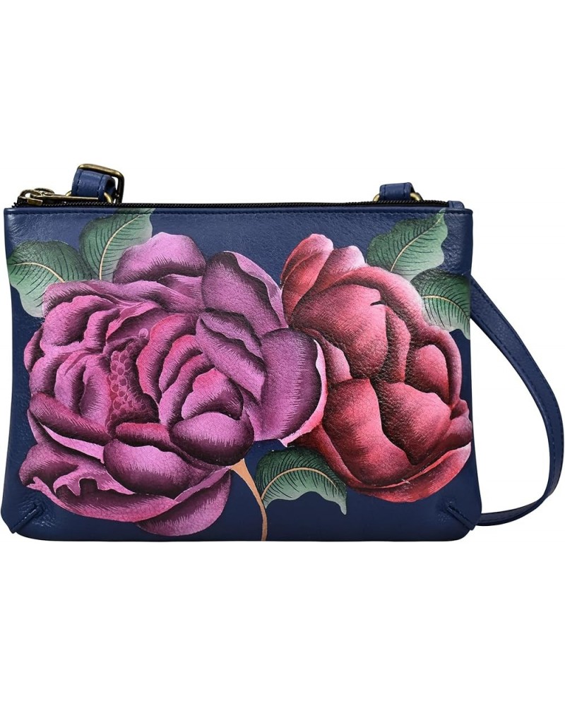 Women's Hand-Painted Genuine Leather Small Zip Around Crossbody Moonlit Peonies $32.50 Crossbody Bags