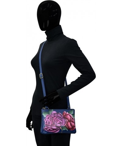 Women's Hand-Painted Genuine Leather Small Zip Around Crossbody Moonlit Peonies $32.50 Crossbody Bags