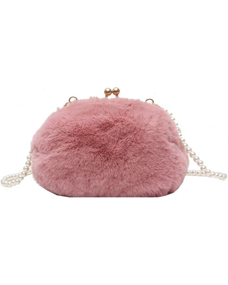 Women's Crossbody Purse Faux Fur Shoulder Bag Plush Purse Kiss Lock Clutch Purse with Pearl Strap Autumn and Winter Pink $31....