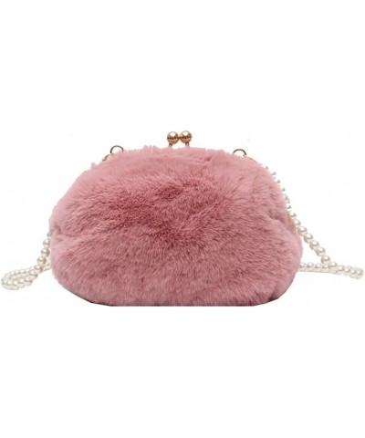 Women's Crossbody Purse Faux Fur Shoulder Bag Plush Purse Kiss Lock Clutch Purse with Pearl Strap Autumn and Winter Pink $31....