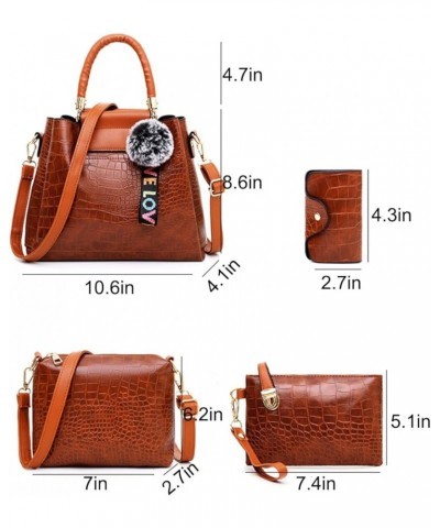 4-PC Women Fashion Handbag PU Leather Tote Pendant Shoulder Bag Crocodile Pattern Top Handle Satchel Ladies Purse Set(White) ...