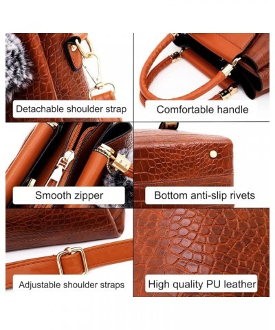 4-PC Women Fashion Handbag PU Leather Tote Pendant Shoulder Bag Crocodile Pattern Top Handle Satchel Ladies Purse Set(White) ...