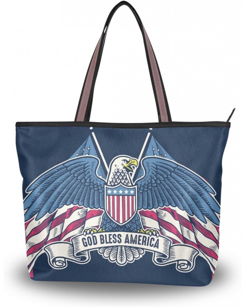 Womens Tote Bag, Vintage Handdrawn American Hawk with Flag Ladies Zip Shoulder Handbags $12.71 Shoulder Bags