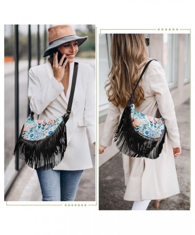 Butterflies Leaves Flowers Blue Tassel Crossbody Handbags for Women Ample Capacity Shoulder Bag with Adjustable Strap Durable...