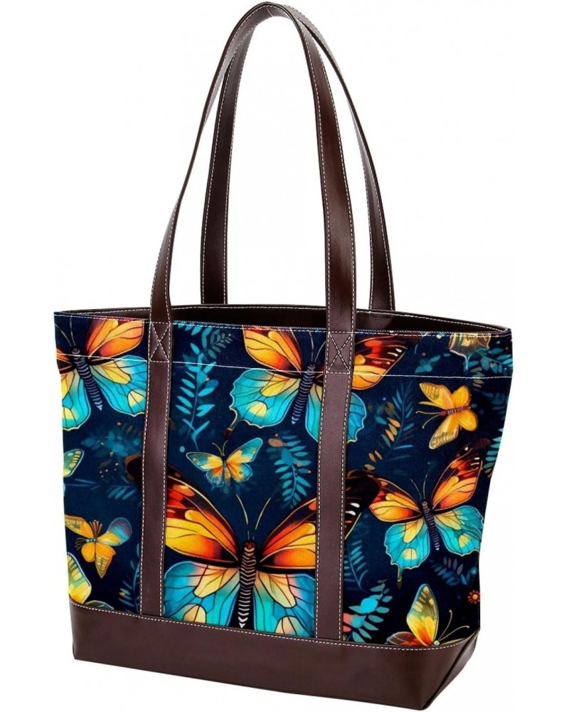 Butterfly Canvas Leather Mix Hand-Held Bag - 13.3x4.7x12.2 in - Stylish Women's Handbag for Everyday Use $28.79 Handbags