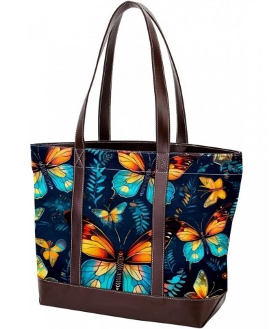 Butterfly Canvas Leather Mix Hand-Held Bag - 13.3x4.7x12.2 in - Stylish Women's Handbag for Everyday Use $28.79 Handbags