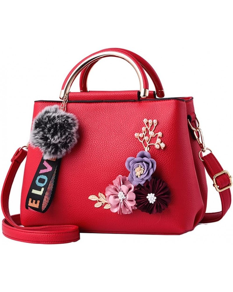 Women Purse Top Handle Handbags PU Leather 3D Floral Inlay Satchel Bag Shoulder Crossbody Bags Ladise Medium Tote Bag Red $23...