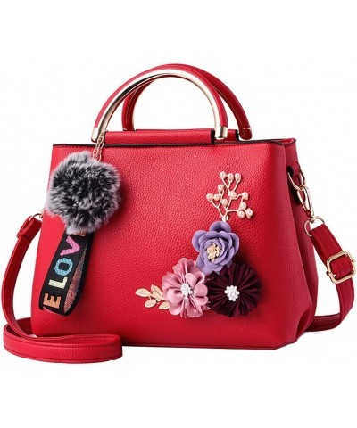 Women Purse Top Handle Handbags PU Leather 3D Floral Inlay Satchel Bag Shoulder Crossbody Bags Ladise Medium Tote Bag Red $23...