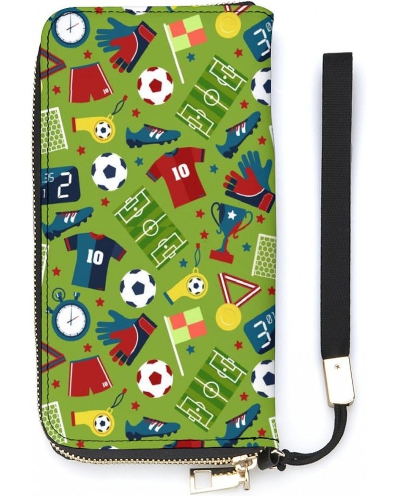 Sport Soccer Green Leather Wallet Vertical Long Wallet for Men With Credit Card Holder Zip Coin Pocket $16.06 Wallets