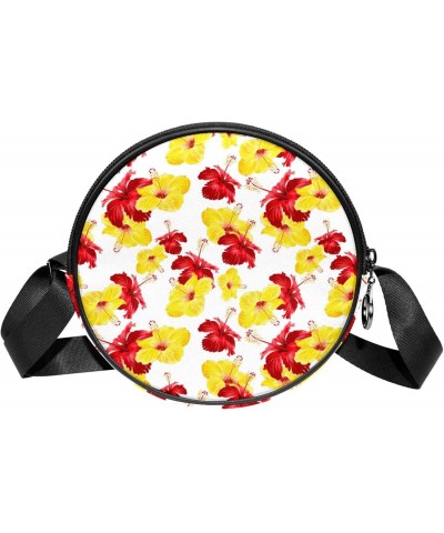 Yellow Red Gibiscus Flowers Floral Pattern Crossbody Bag for Women Teen Girls Round Canvas Shoulder Bag Purse Tote Handbag Ba...