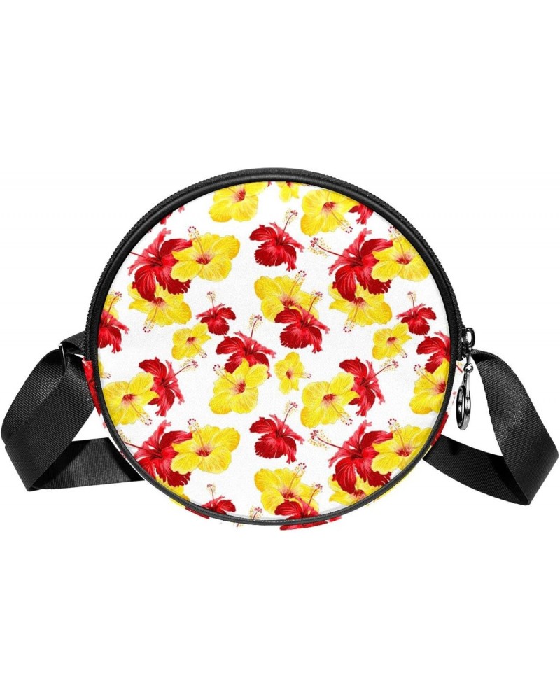 Yellow Red Gibiscus Flowers Floral Pattern Crossbody Bag for Women Teen Girls Round Canvas Shoulder Bag Purse Tote Handbag Ba...