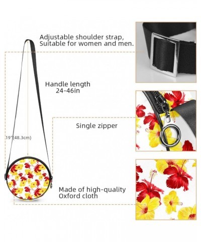 Yellow Red Gibiscus Flowers Floral Pattern Crossbody Bag for Women Teen Girls Round Canvas Shoulder Bag Purse Tote Handbag Ba...