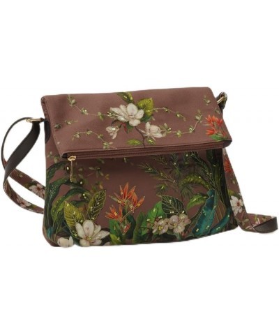 Handcraft Printed Canvas and Vegan Leather Floral Paradise Design Foldover Brown Color Sling Bag $11.25 Crossbody Bags