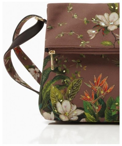 Handcraft Printed Canvas and Vegan Leather Floral Paradise Design Foldover Brown Color Sling Bag $11.25 Crossbody Bags