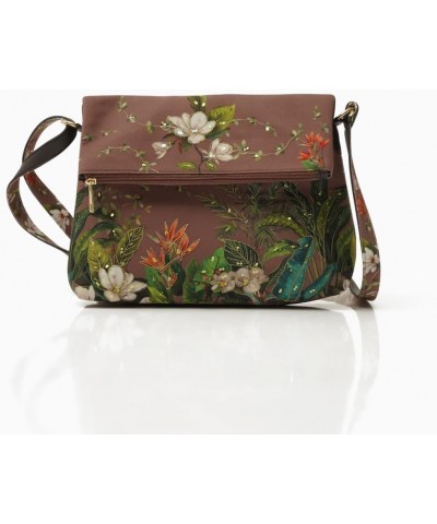 Handcraft Printed Canvas and Vegan Leather Floral Paradise Design Foldover Brown Color Sling Bag $11.25 Crossbody Bags