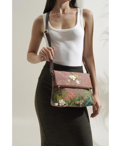 Handcraft Printed Canvas and Vegan Leather Floral Paradise Design Foldover Brown Color Sling Bag $11.25 Crossbody Bags